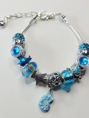 NWT S925 Pandora Style Charm Bracelet Conch Shell, Turtle, Starfish, Whale, Blue
